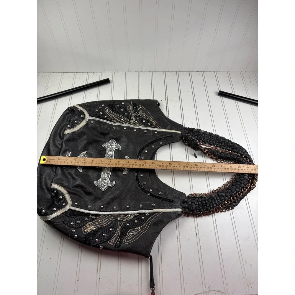 Miss Me Vintage Y2K Black Leather Sequin Cross Wing Studded Western Hobo Bag